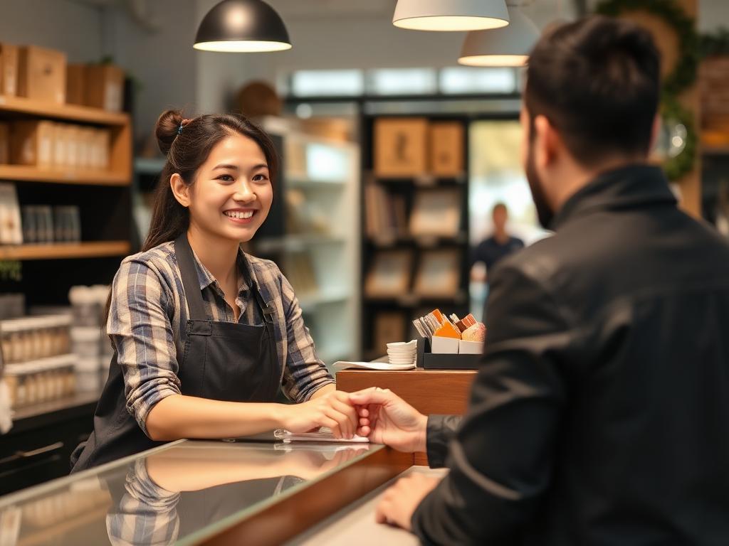 A shop owner helping a customer at the counter