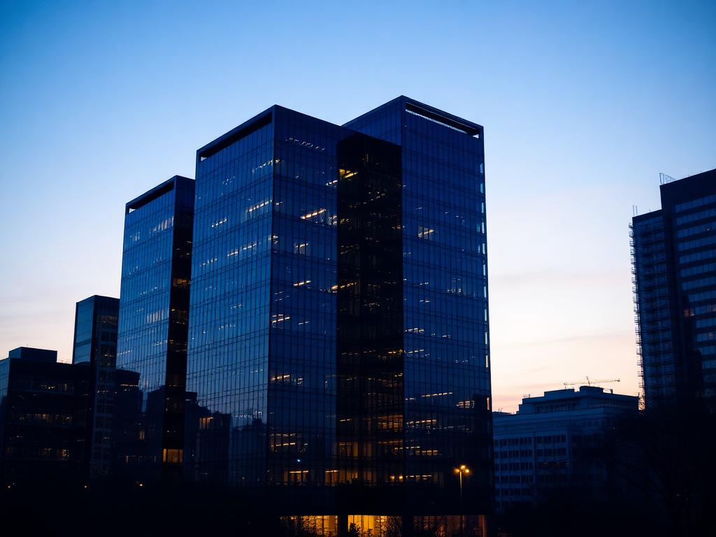 Modern glass office towers at dusk