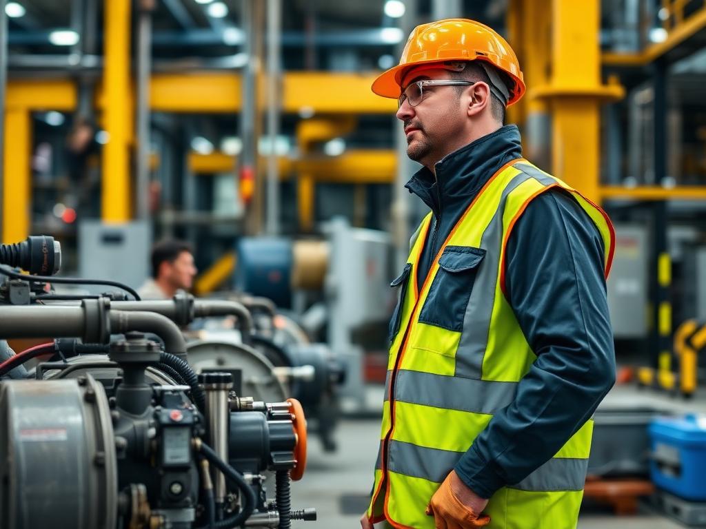 An engineer in safety gear on an industrial site