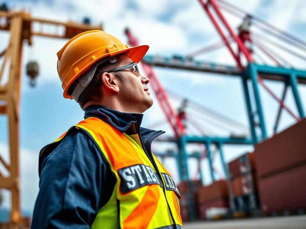 A port worker in safety gear looking up at container cranes